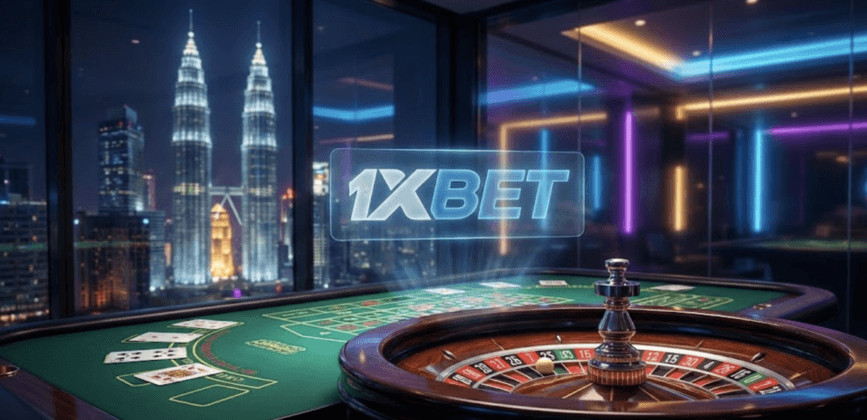 1xBet Malaysia Online Casino Table Games showing Roulette and Blackjack with Kuala Lumpur skyline background.